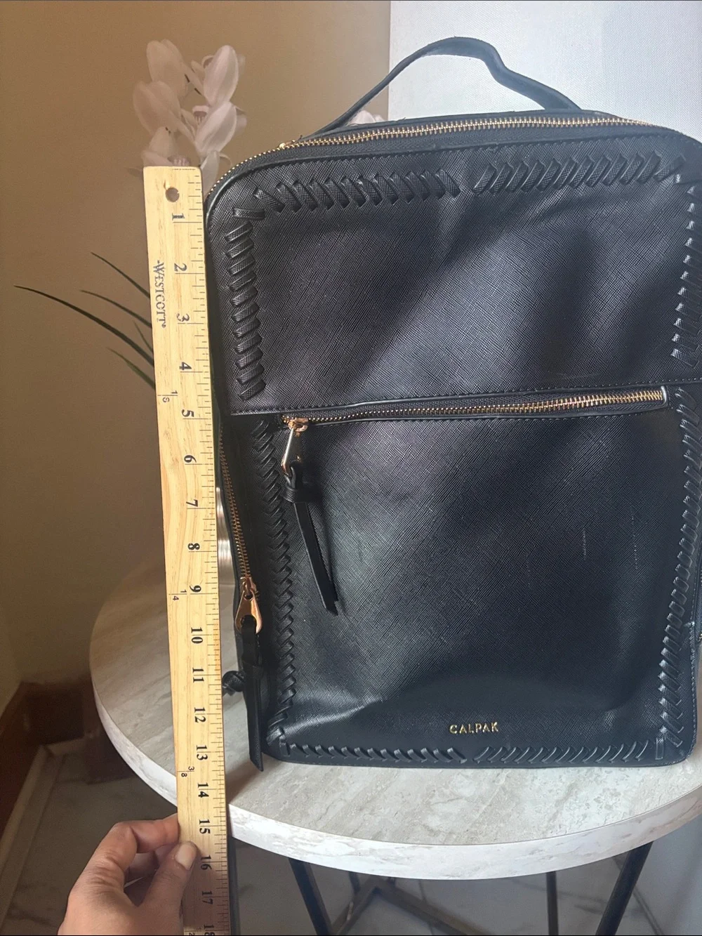 Calpak Black Backpack with Gold Hardware and Braided Trim